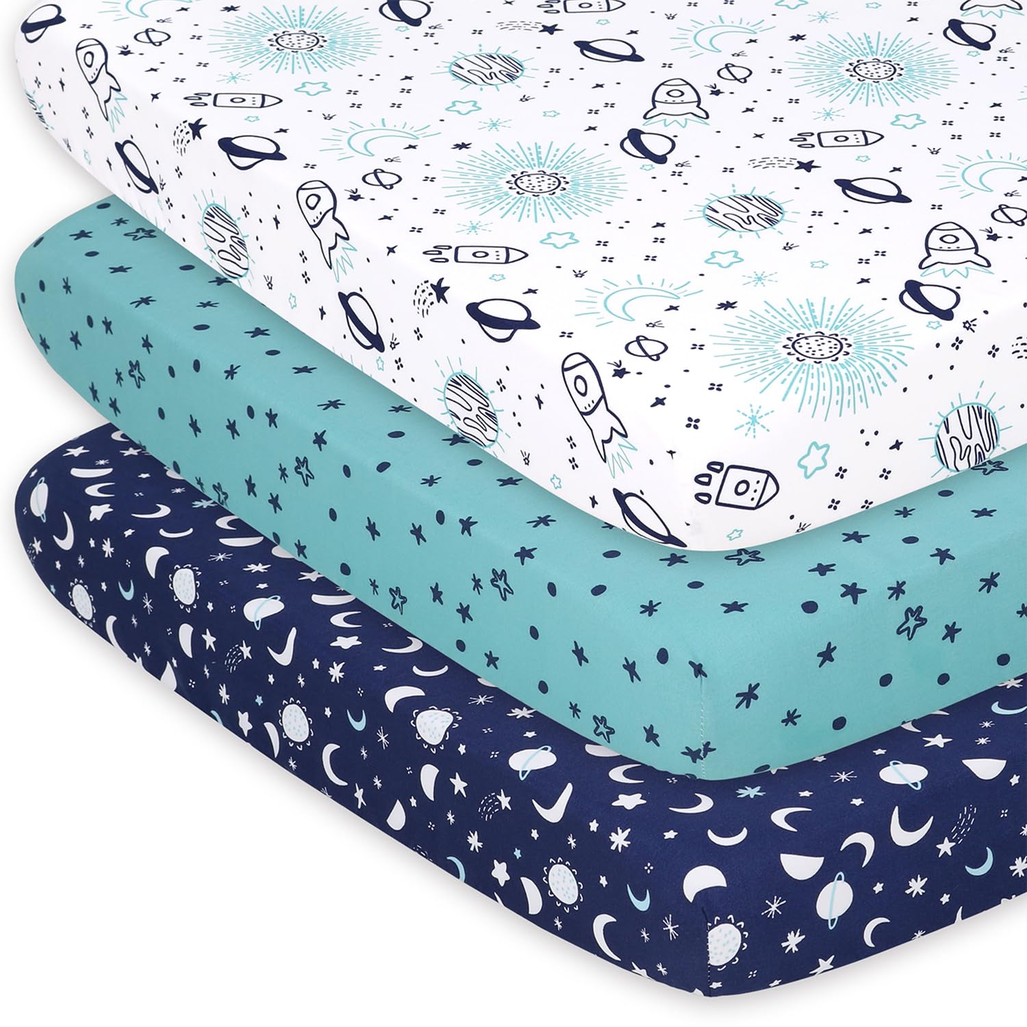 The Peanutshell Pack n Play - Sábanas bajeras para cuna pequeña, sábanas para corralito, ropa de cama portátil para cuna para niños o niñas, espacio celestial, paquete de 3