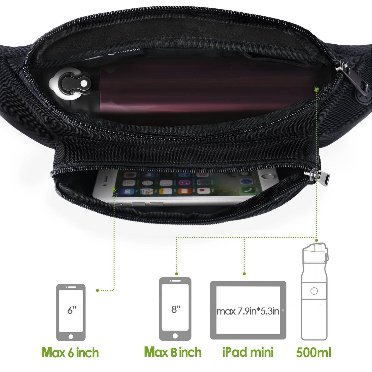 GRACETOP Marsupio uomo Sportivo Running Outdoor Escursioni Cintura Corsa da Uomo Donna Impermeabile con 4 Zip-Marsupio con la Tracolla Regolabile per Corsa Ciclismo Escursione Campeggio (Nero)