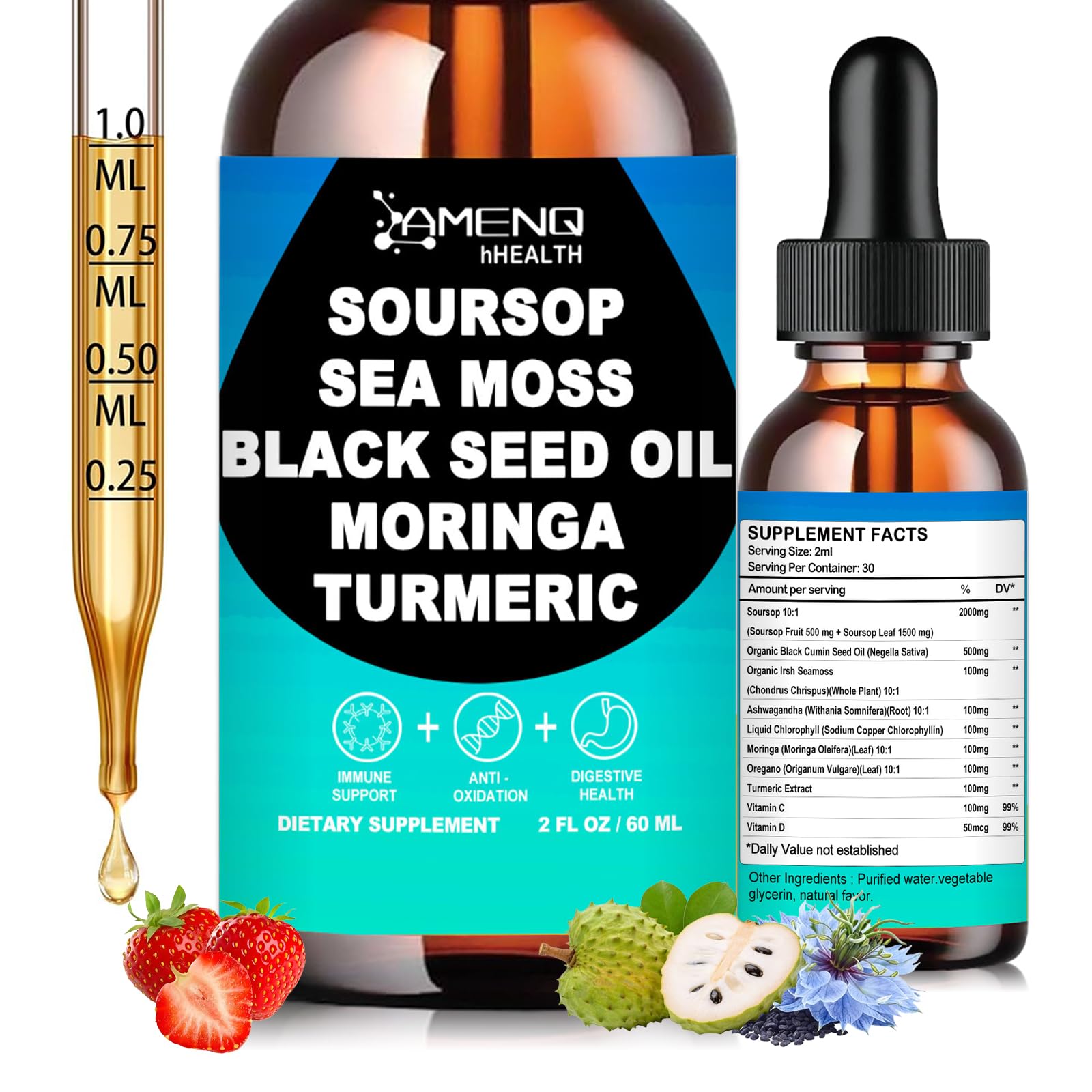 AMENQ hHEALTH Suplemento líquido de graviola com moringa, orégano, óleo de semente preta, musgo-marinho e ashwagandha, 2.000 mg, 60 mL