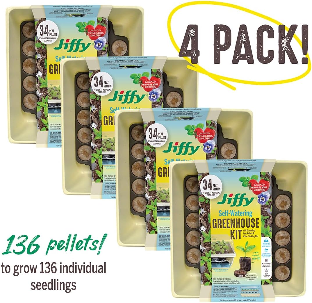 Jiffy Seed Starter Tray Kit - Self-Watering, High Germination Rate, Seedling Tray - 4 Pack - Peat/Plastic