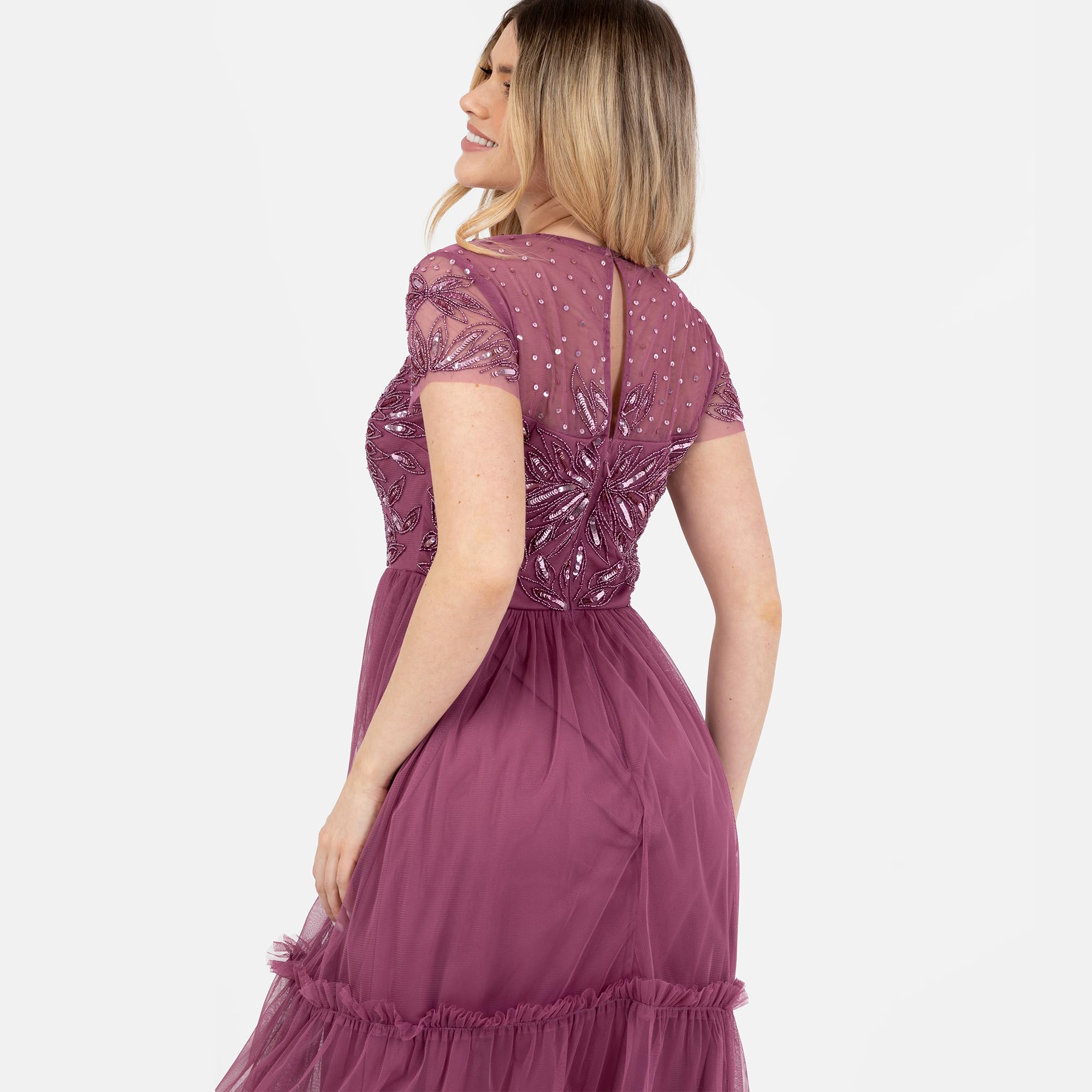 Maya Deluxe Damska sukienka damska z okrągłym dekoltem, z krótkim rękawem, haftowana, tiulowa, ruffle, linia A, rose, 44