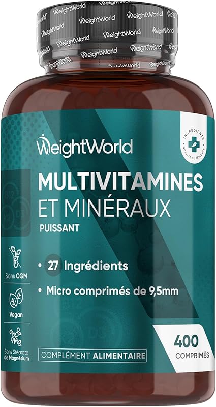 Multivitamines et Minéraux, 400 Micro-Comprimés Vegan (+ 1 An), 27 Nutriments Essentiels - Vitamines A B C D E K,Calcium, Magnesium, Zinc, Fer, Iode, Potassium, Vitamines, Minéraux et Compléments