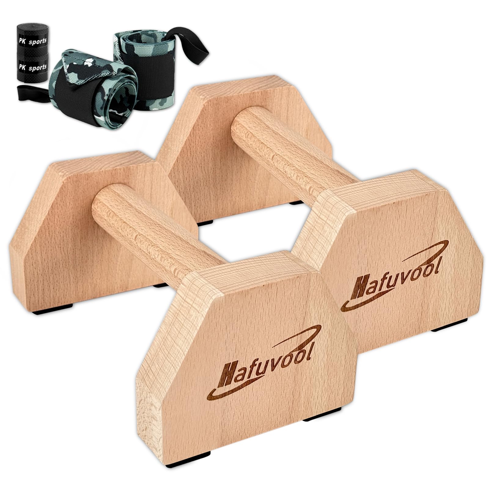 Hafuvool Wooden Parallettes Bars, Solid Beech Wood Push Up Handles Bars Board with Wrist Wraps, Non-slip Press Up Handles Bars Calisthenics Gymnastics Equipment for Strength Training