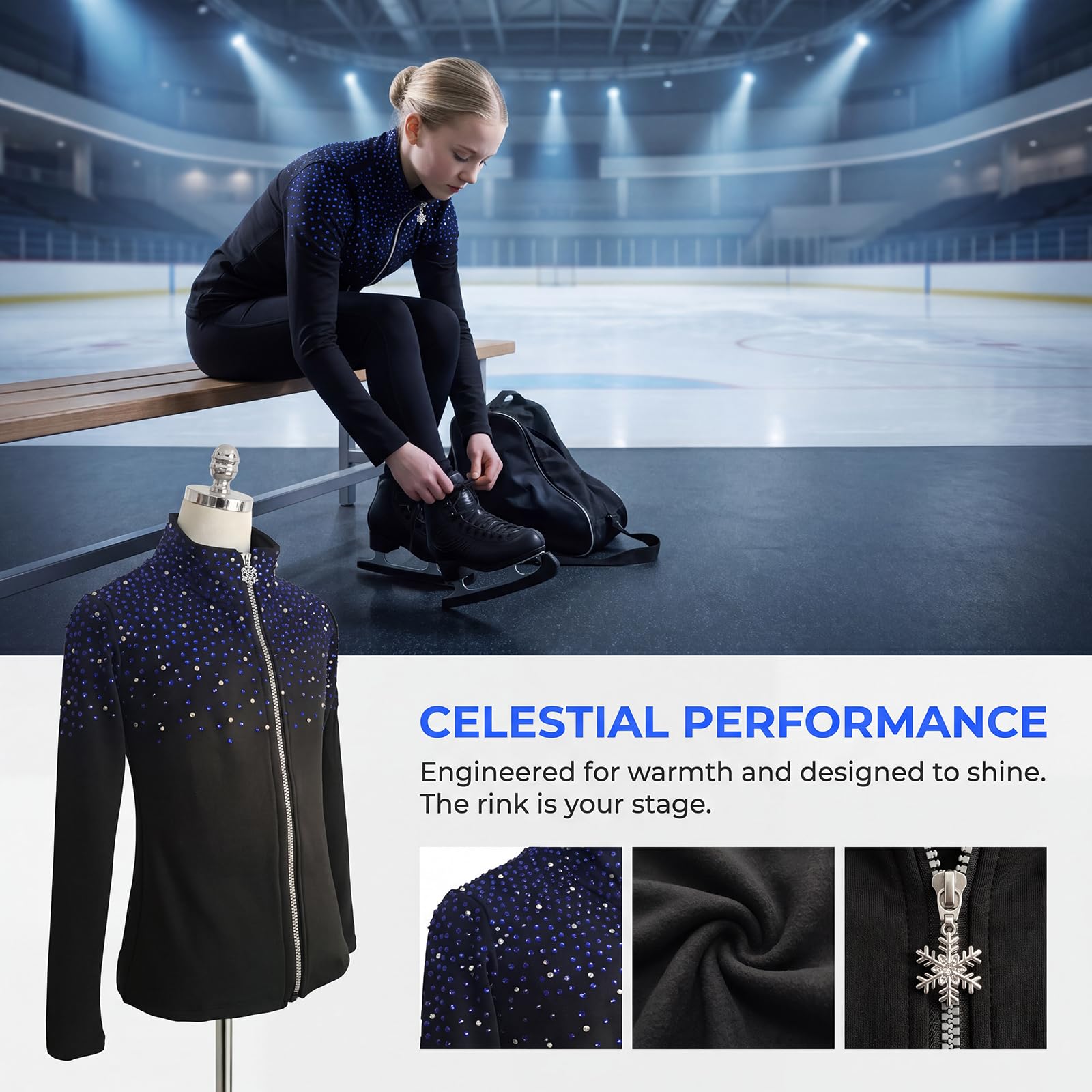 Chaqueta de entrenamiento negra para patinaje sobre hielo para niña con diamantes de imitación azules y ropa de entrenamiento de patinaje elegante y cálida de felpa