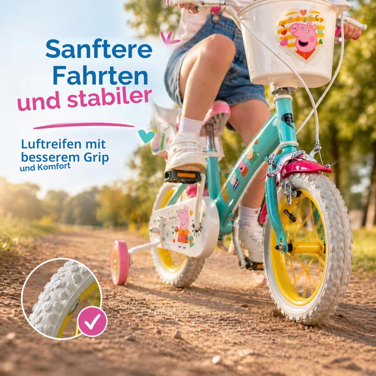 Kinderfahrrad Peppa Pig 12 Zoll mit Stützrädern Korb Puppensitz 3-5 Jahre