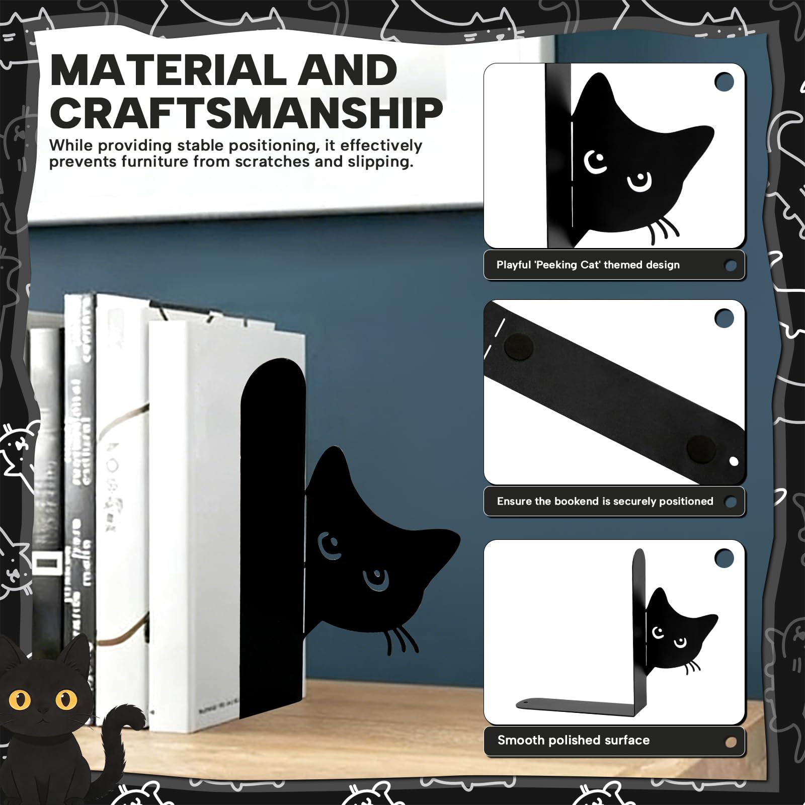 2 Piezas Sujeta Libros Estanteria Gato, Apoyalibros Negro Antideslizante con Marcapaginas, Soporte Libros Estanteria Metal para Estudiantes, Oficina y Amantes Lectura