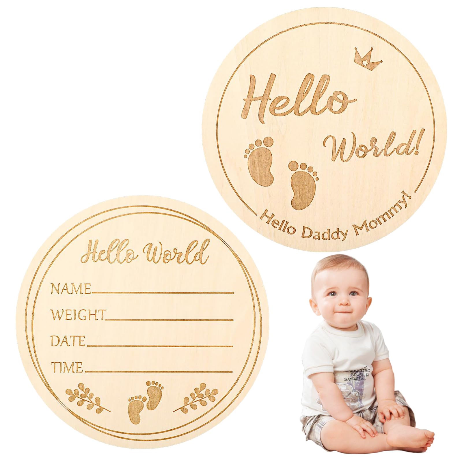 10cm Round Wooden Baby Announcement Sign, Ideal for Baby Shower Photo Prop, Nursery Wall Decor, Newborn Welcome Sign, Hello World Baby Sign, Baby Birth Sign