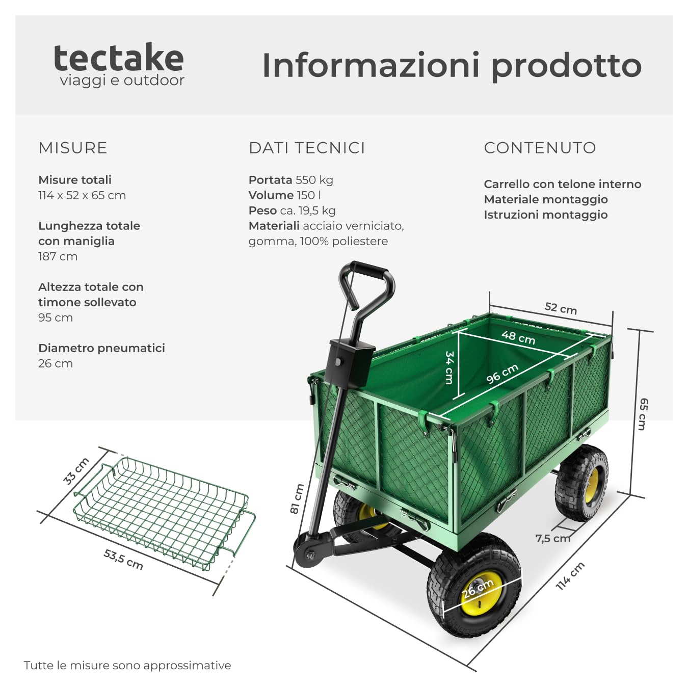 tectake® Carretto Carrello a Mano da Trasporto, Carrello porta attrezzi, Carrello da Giardino, Carrello Trasporto con Ruote, Giardino, carrello porta legna con ruote