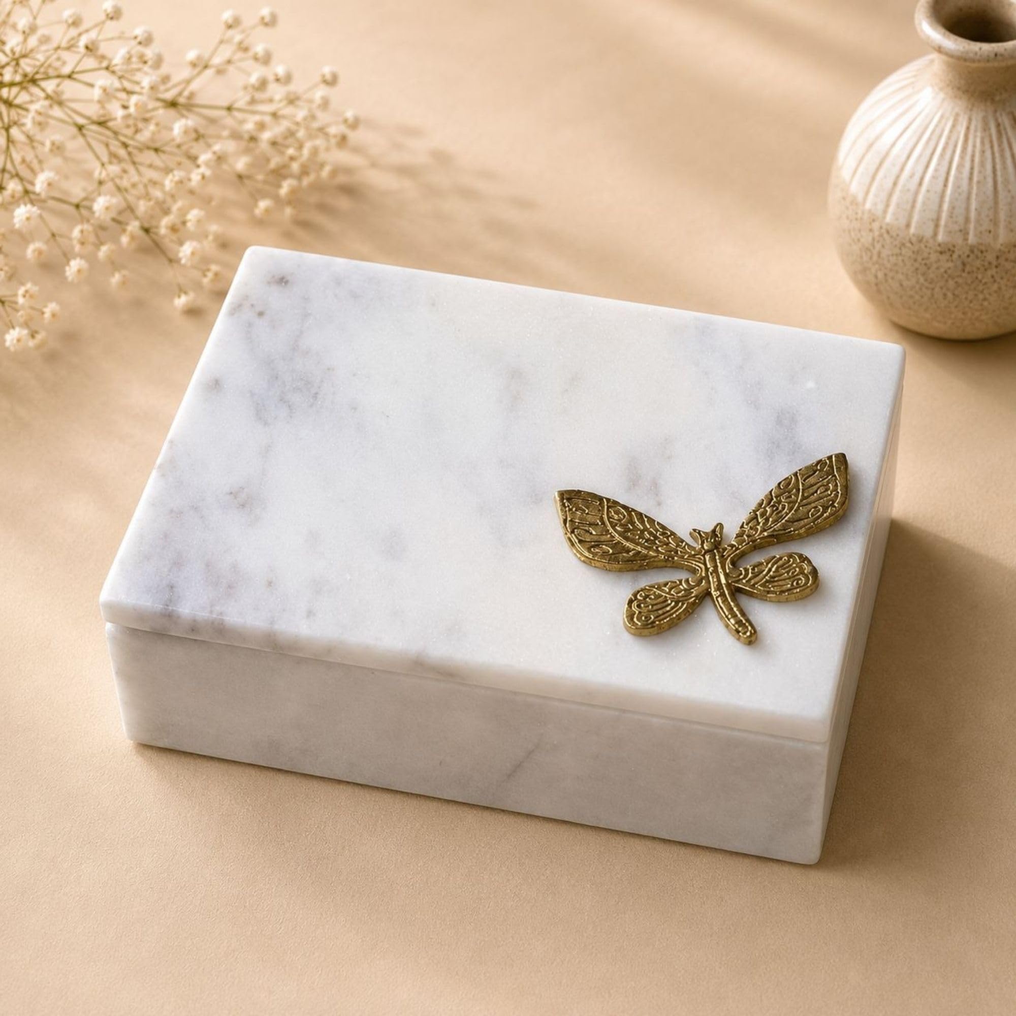 Handcrafted Natural Marble Jewelry Box with Dragonfly Knob | Premium Decorative Storage Box for Jewelry, Rings, Watches, Keepsakes & Accessories | Elegant Vanity Organizer & Gift Box-image-23