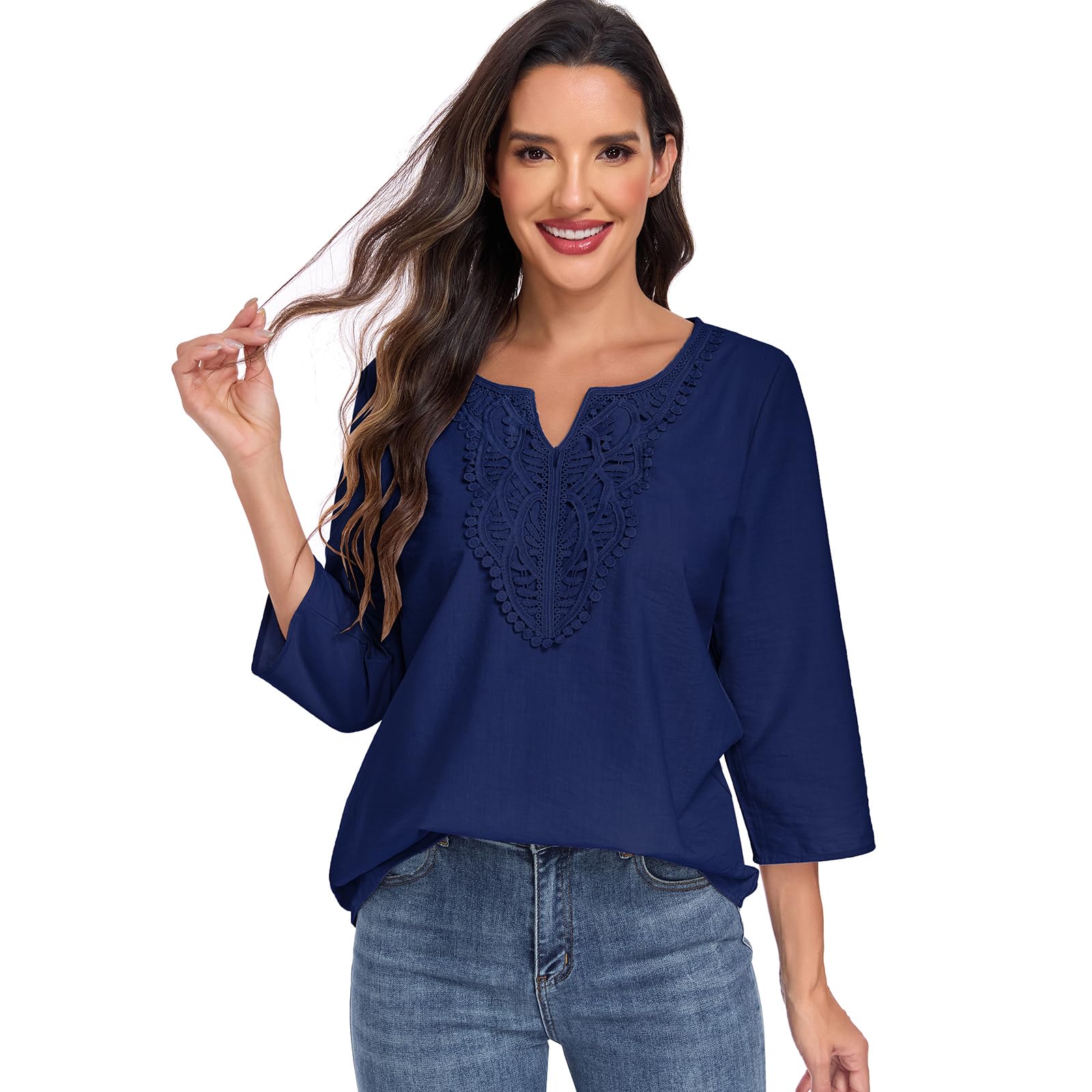 HOTIAN Blusa de manga larga para mujer, estilo bohemio, manga 3/4, elegante, cuello de pico, blusas de lino, para primavera, otoño, encaje, holgada, ropa informal