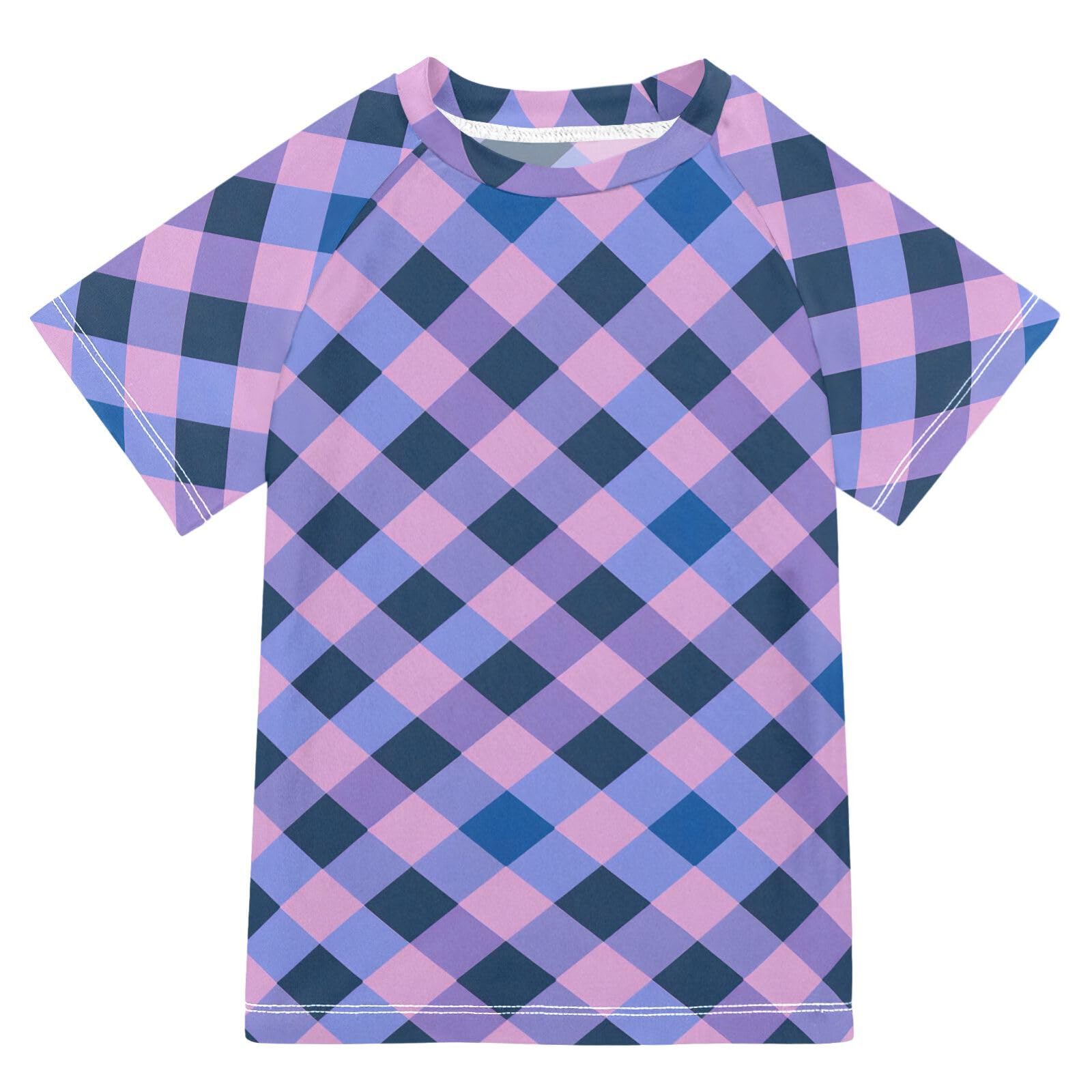 Boys Rash Guard Short Sleeve Swim Shirts for Boys Purple Blue Checkered Sun Protection 7-8T