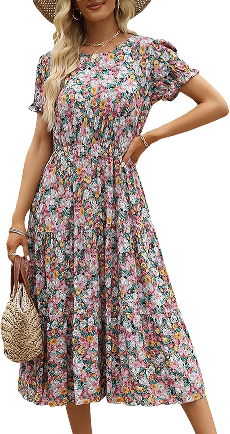 NAVINS Women Floral Print Puff Sleeve Tiered A-Line Swing Midi Dress with Pockets NA1002
