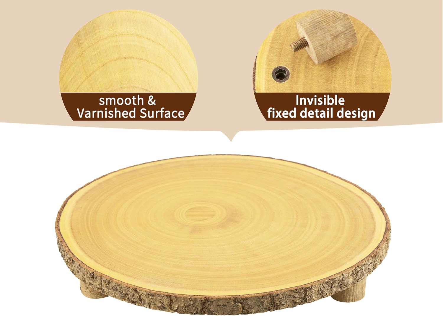 Rustic Wood Cake Stand with Legs – 11.5-12.5" Natural Wood Slice for Weddings, Parties & Desserts (Handcrafted Bark Edge)