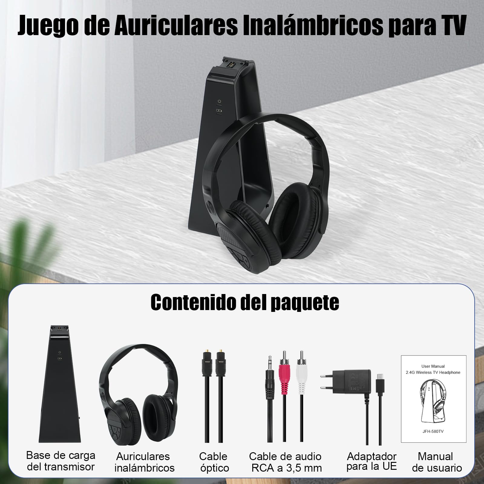 Auriculares Inalámbricos para TV con Base Transmisora de Carga, Auriculares Inalámbricos para ver la TV, Botones Grandes y Amplificación de Sonido para Personas Mayores, Auriculares Ligeros y Cómodos