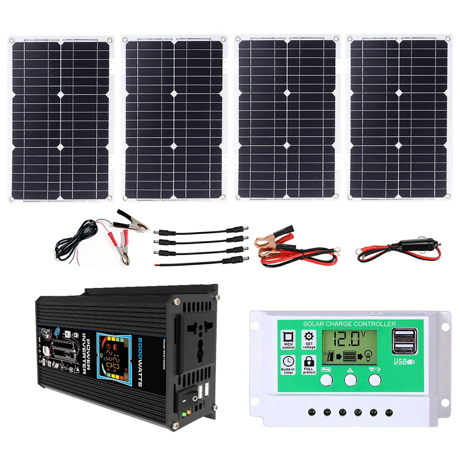 6000W Solar Inverter with 100W Monocrystalline Solar Panel, 12V to 220V Power Inverter Kit with 50A PWM Charge Controller, LCD Display and USB – Portable Solar Power System for Camping and Travel(Blac
