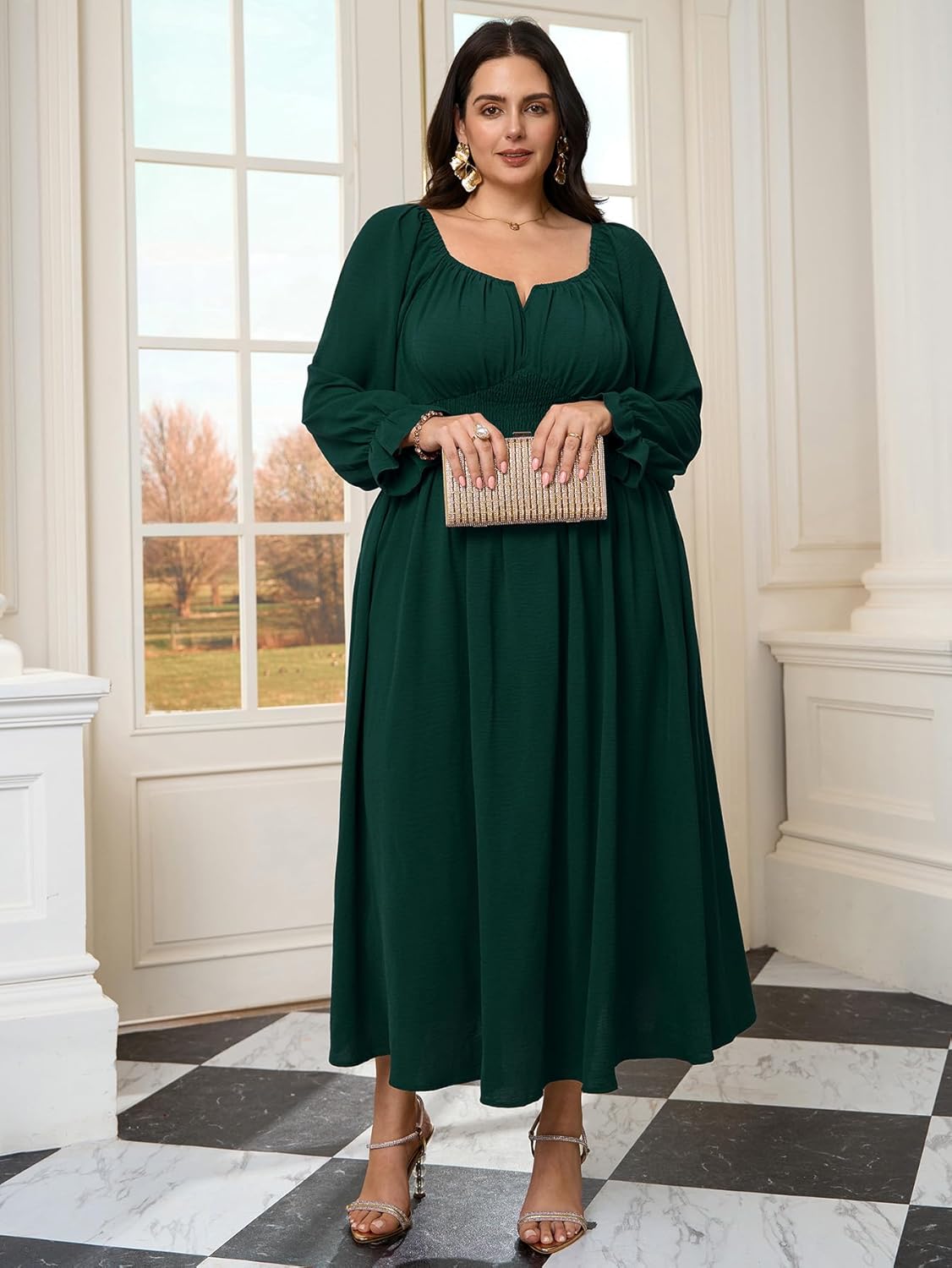 Plus Size Maxi Dresses for Curvy Women Wedding Guest Long Sleeve Square Neck Smocked Empire Waist Slit Long Dress - Image 4