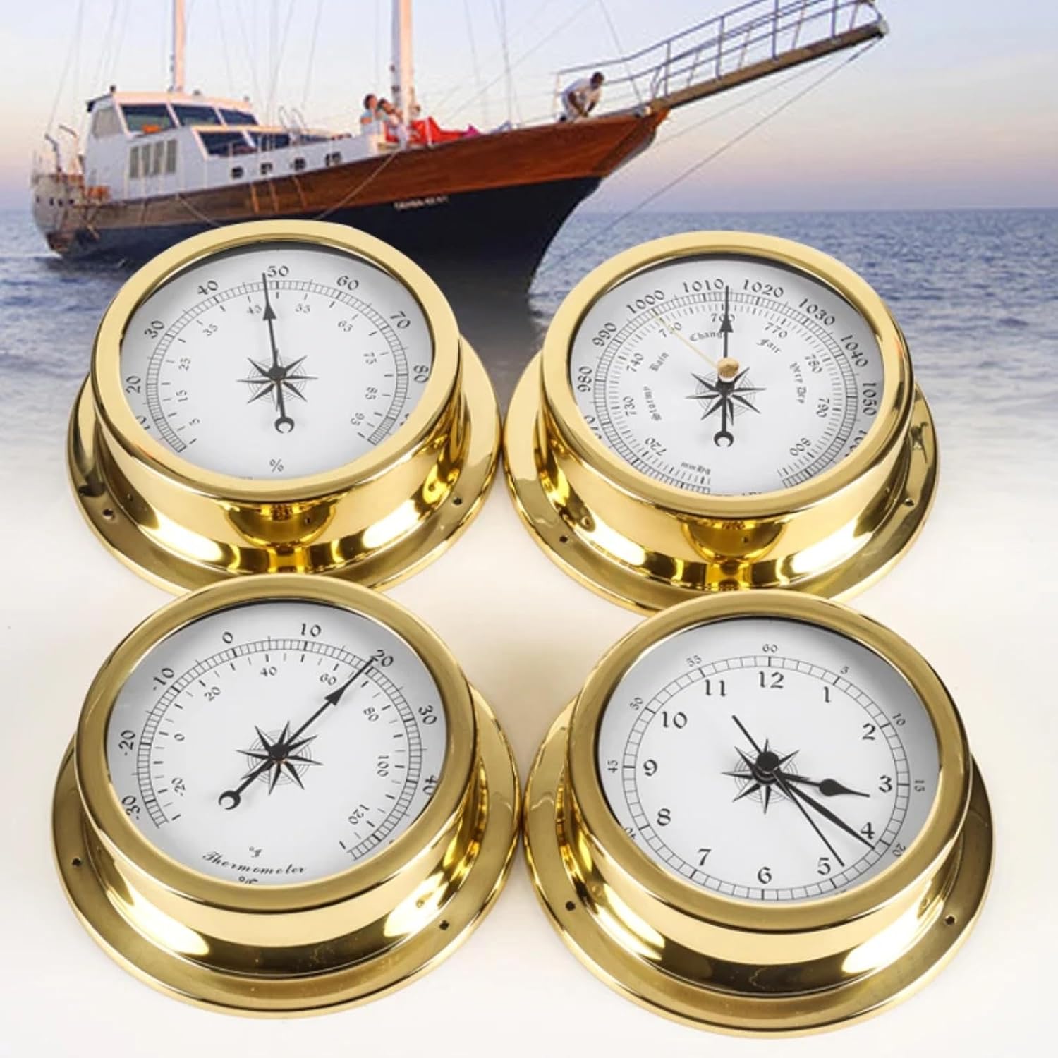 4Pcs Barometer Thermometer Hygrometer Clock Set,145mm High Precision Outdoor Fishing Barometer,Wall-Mounted Brass Analog Weather Station,Suitable for Hotels,Warehouses,Offices,Factories