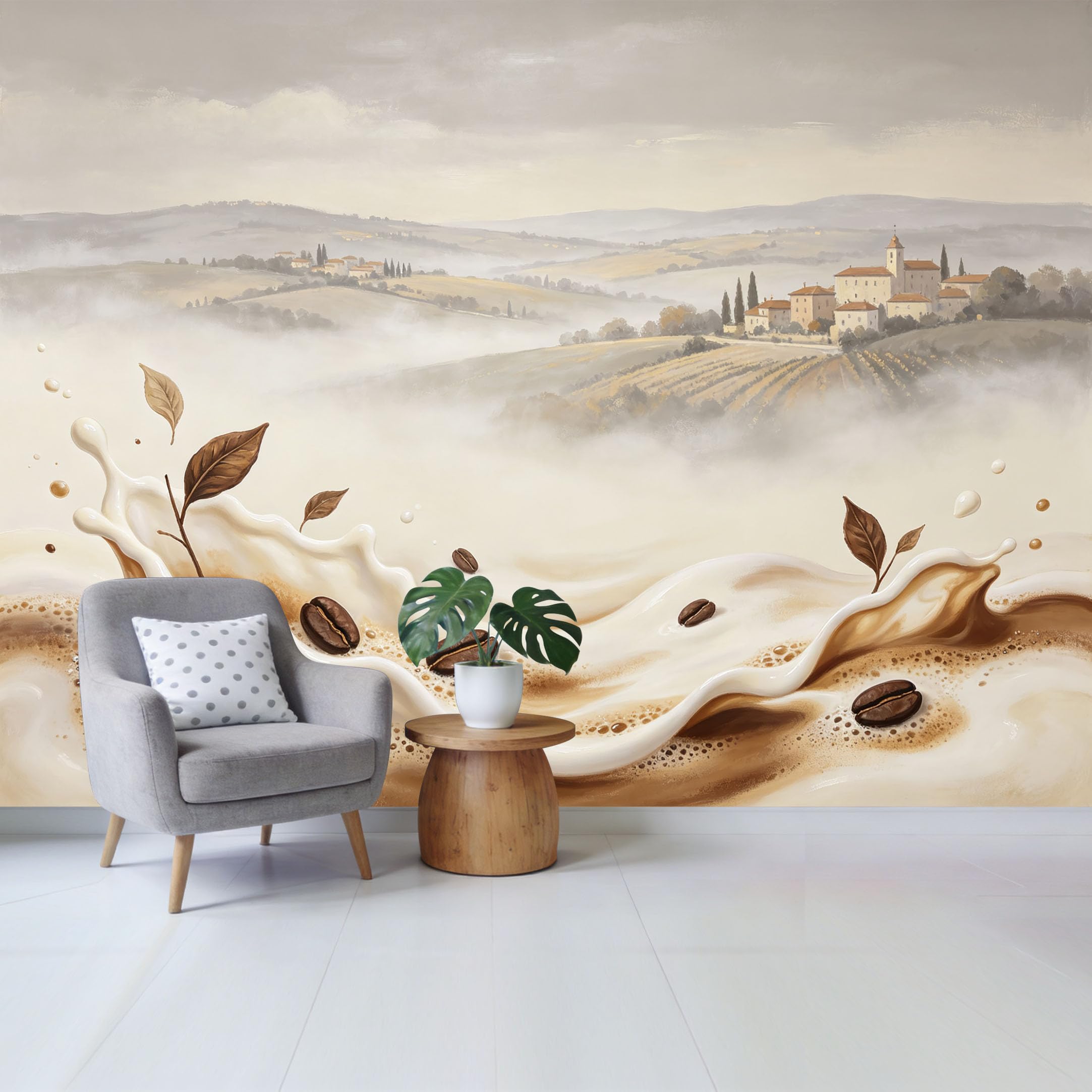 Qzlithotic Yq2605250858 Custom Size Wall Mural Coffee Beans Milk Splash Italian Landscape Oil Painting Selfadhesive Wall Fabric Removable Wallpaper For Home Office Decor