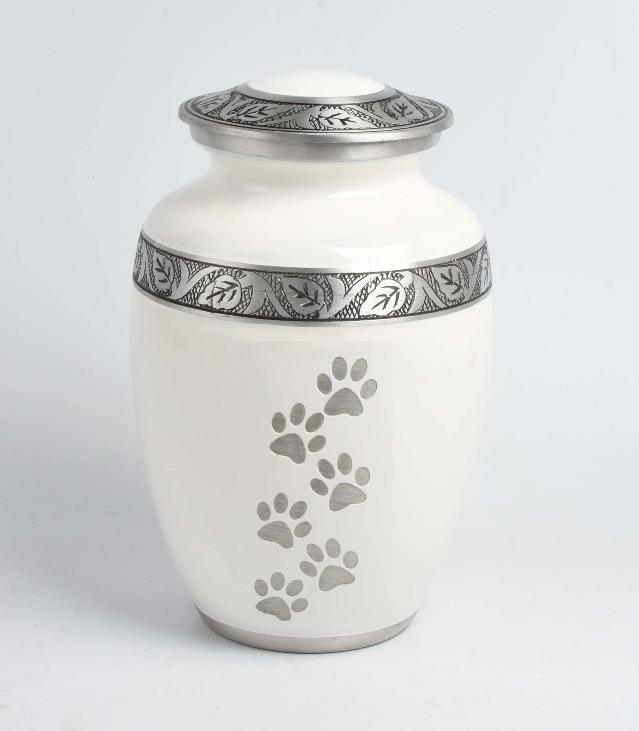 Pet Cremation Urn for Ashes with Paw Print Memorial Design, Handcrafted Keepsake Vessel, Secure Top Lid Closure, Remains Storage for Dog Cat (8 Inch White & Silver)