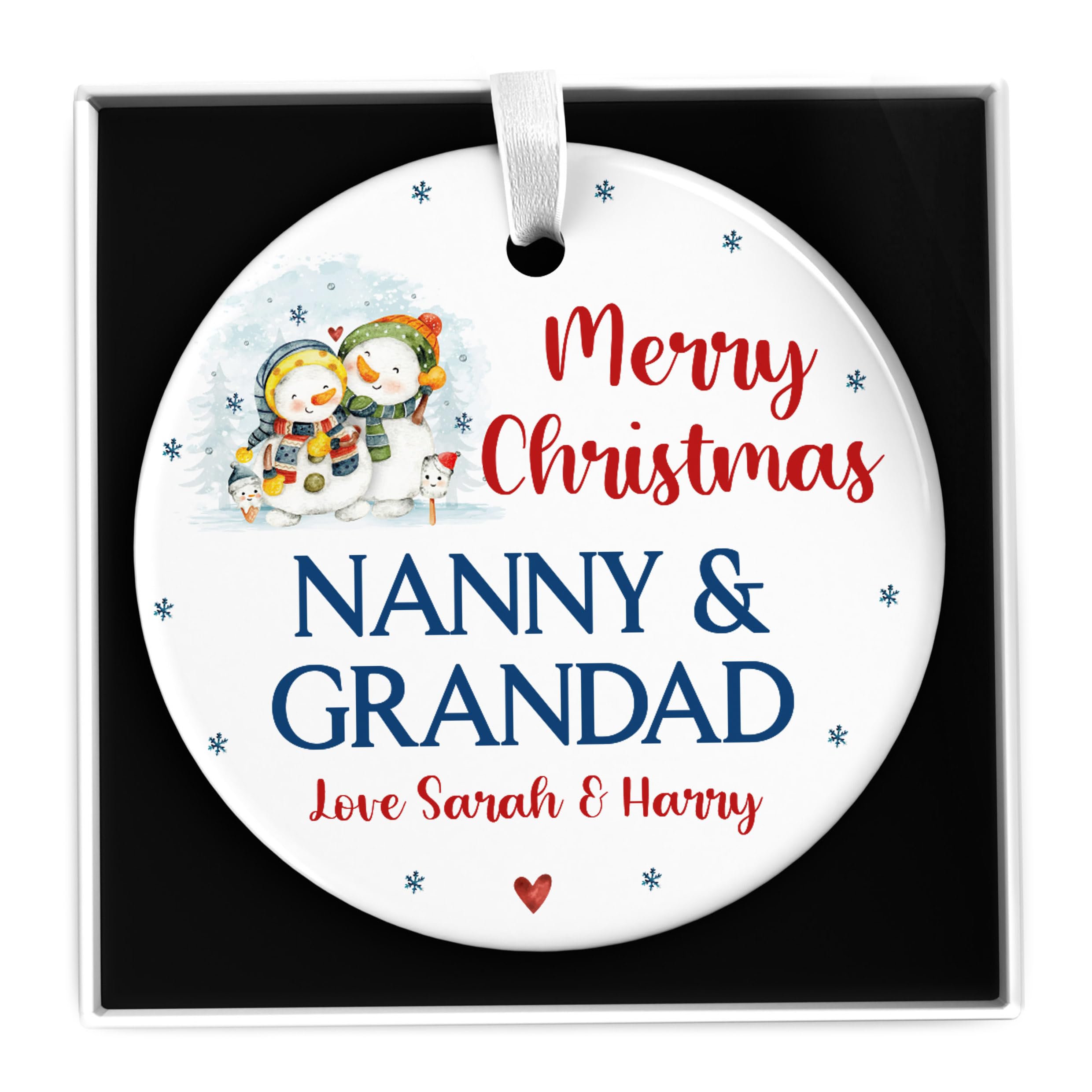 For Nanny & Grandad Decoration, Personalised Merry Christmas Grandparents Tree Ornament, Xmas Gift From Grandchild Ceramic Bauble With Gift Box