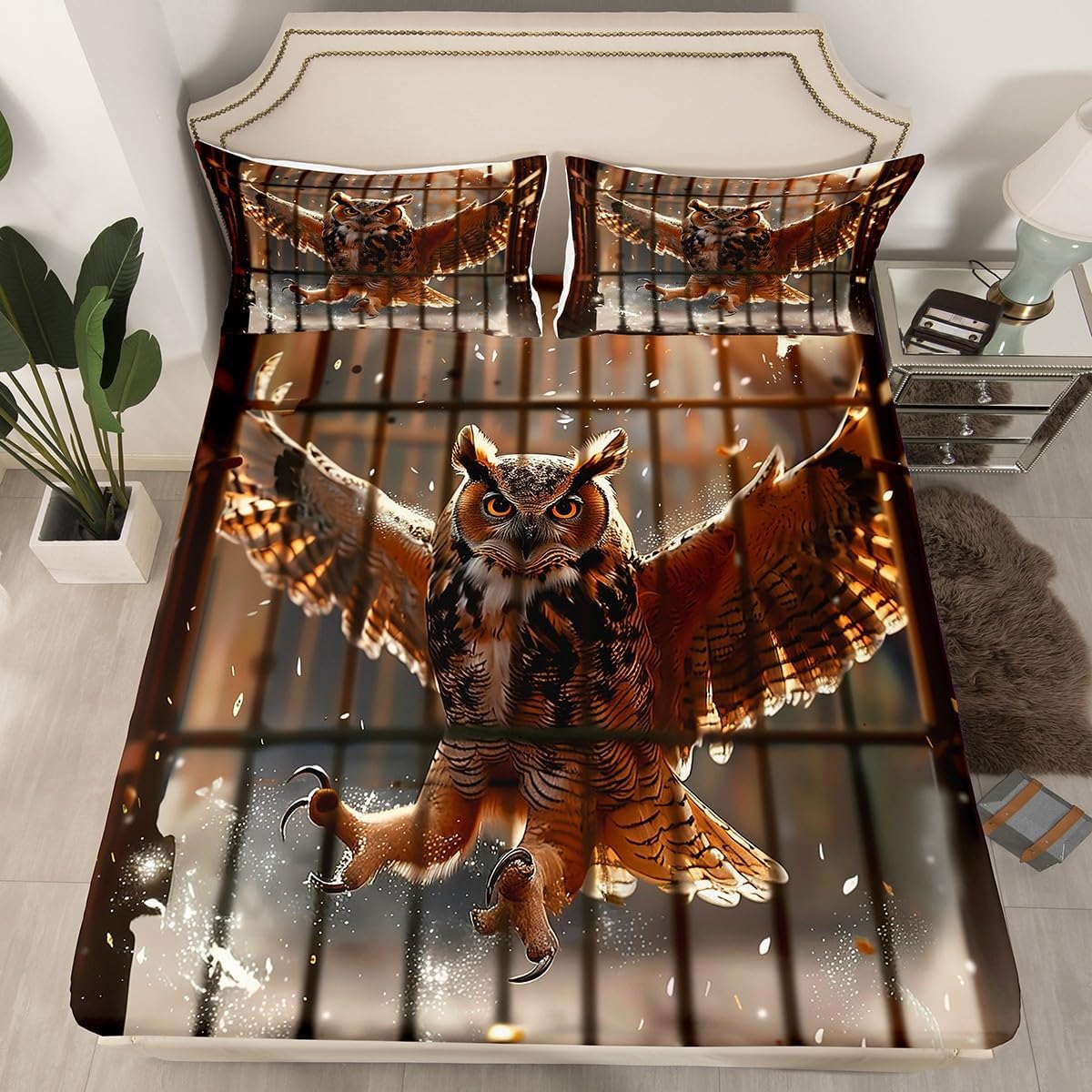 Erosebridal 3D Owl Print Fitted Sheet Full Size Wild Animal Bed Sheets,Prison Jail Themed Party Decorations Bedding Black and Brown Bed Cover Welcome Home Jail Bird Decorations,Lightweight