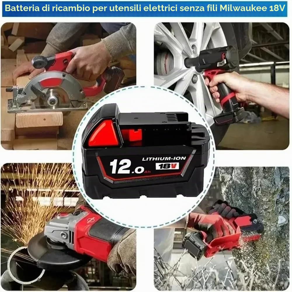 Compatibile con Milwaukee M18 48-11-1815 48-11-1850 2646-20 2642-21ct servizio M18 XC Caricabatteria positivo for batteria al litio 18V 12000mAh(MWQ 12A)