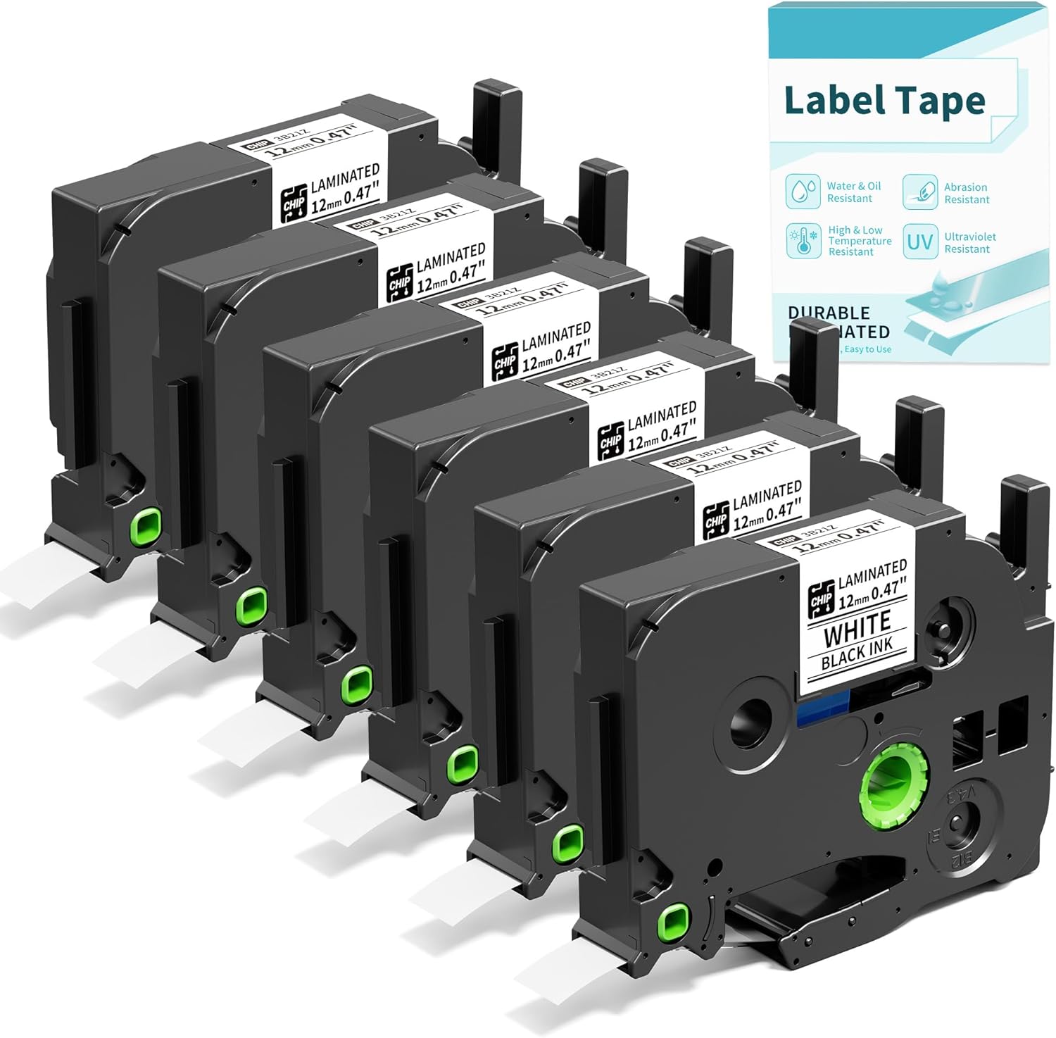 D210S H1100 E1000 D480BT P780BT Label Maker Refills, 12mm 0.47 Laminated White Label Tape, EazeID BZ Label Tape Waterproof for Indoor/Outdoor Use, 0.47 inch x 26.2 feet (12mm x 8m), 6-Pack