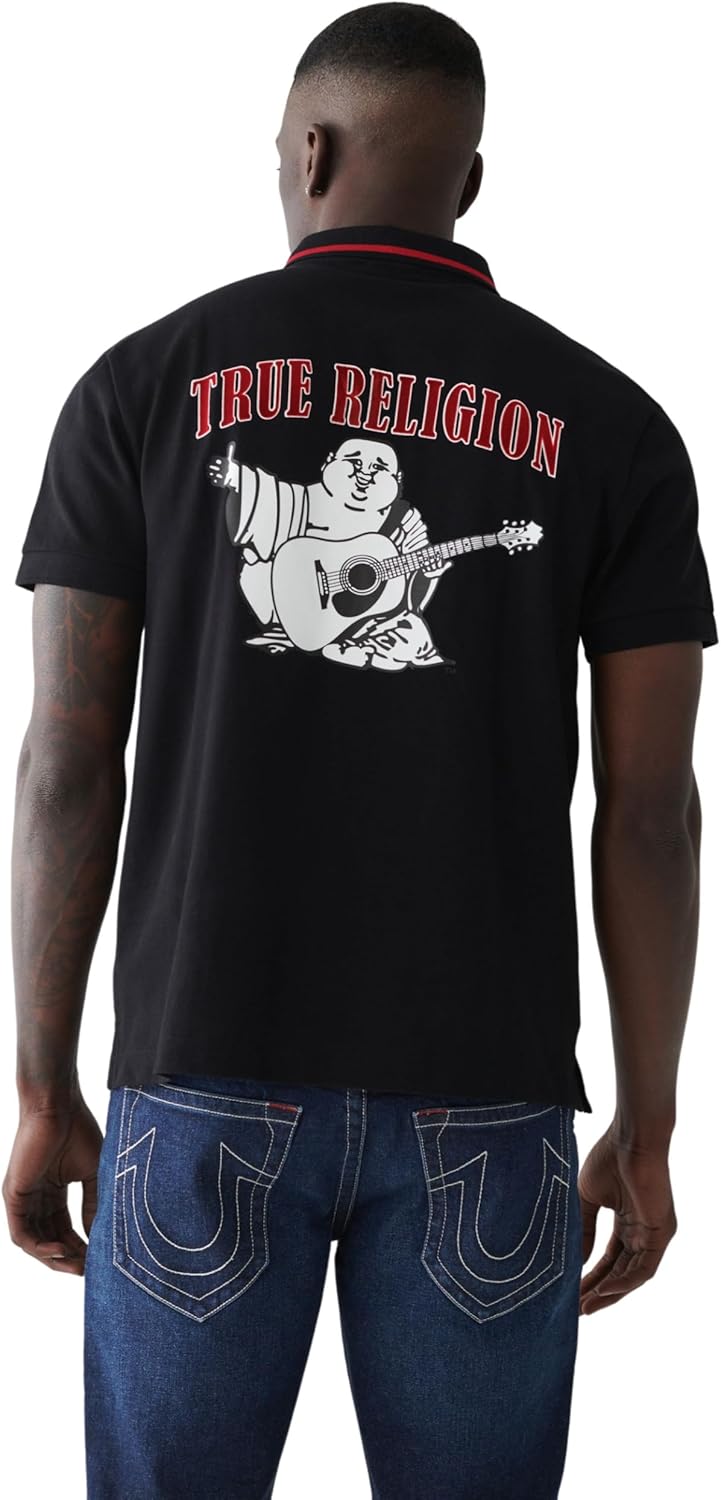 True Religion Men's JV7 Tipped Polo – Short Sleeve Cut & Sew Knit Polo Shirt with Contrast Trim & Logo - Image 2