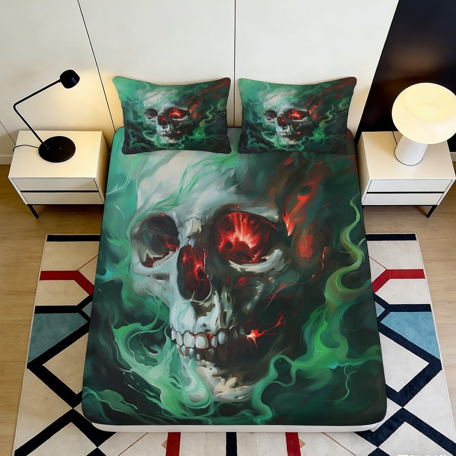 3D Printed Skull Flame Fitted Sheet Microfiber Non-Slip Deep Pocket Bedroom Bedding Skull Mattress Fitted Cover Washable 160x200x25cm