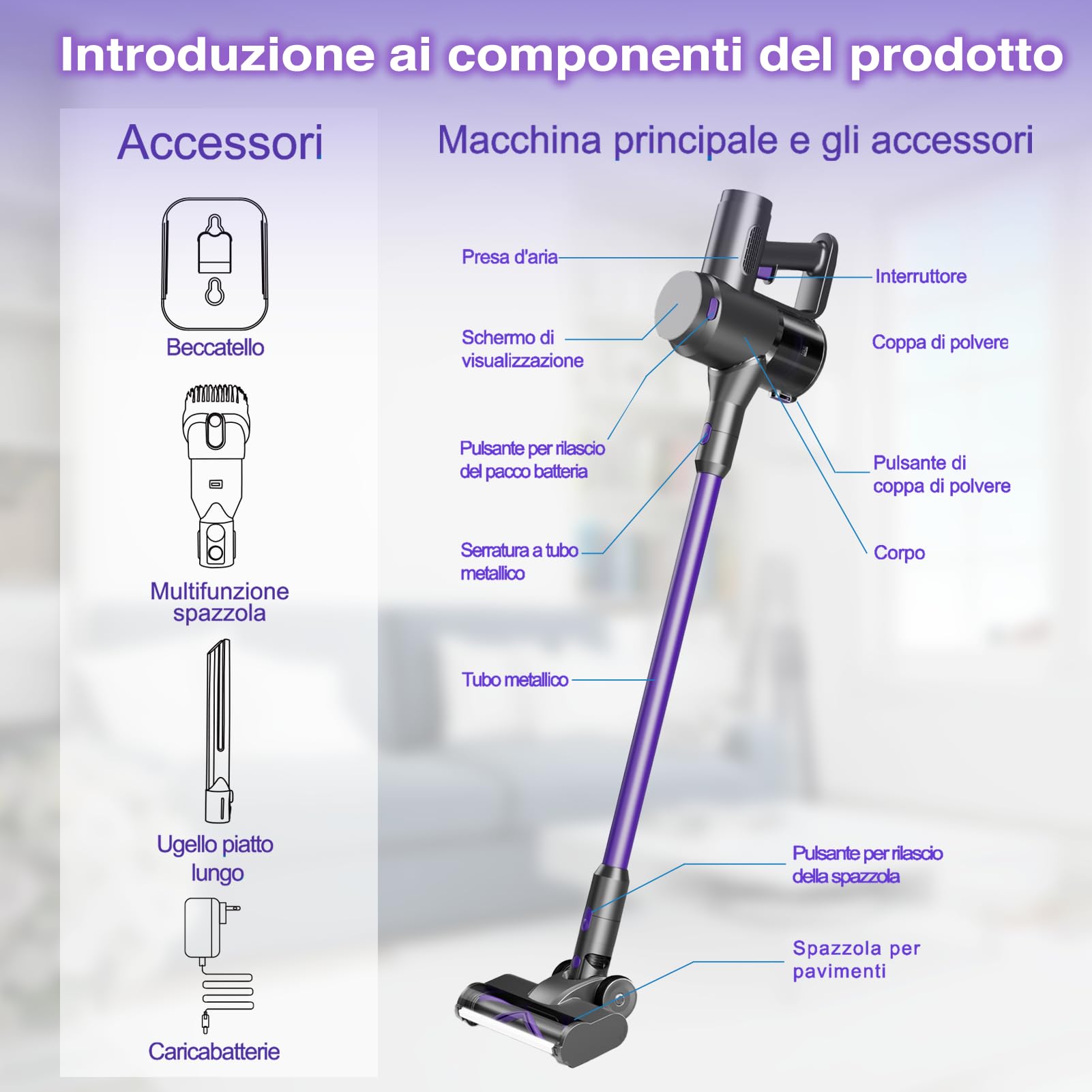 m MU Aspirapolvere senza fili, aspirapolvere ultraleggero 6 in 1, Scope elettriche batteria da 2200 mAh fino a 45 minuti di autonomia, 21000 Pa 250W potente aspirapolvere portatile per pavimenti duri