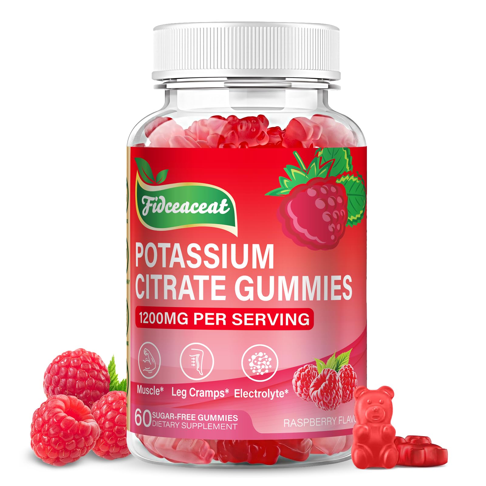 Potassium Citrate 1200mg Gummies for Muscle Health Support, High-Potency Sugar-Free Supplement for Adults with Natural Raspberry Flavor, 60 Count