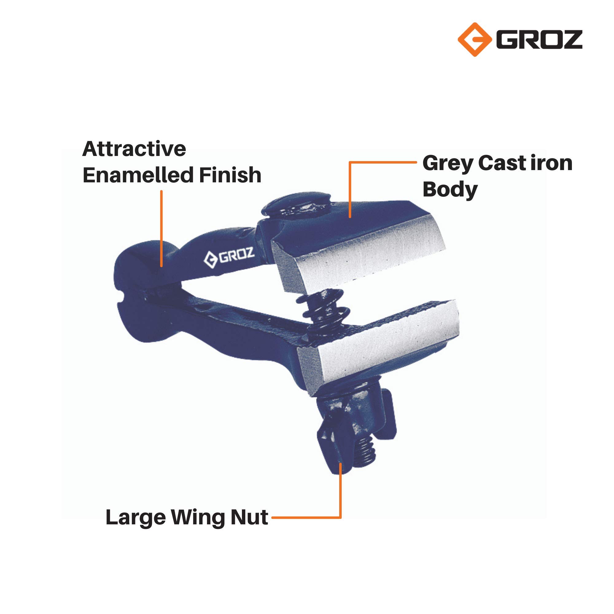 GROZ Hand Vice with grey cast iron body| Ideal for working on small jobs| Attractive Enamelled Finish| Operated via Large Wing Nut| Overall Length: 100 mm |Jaw Width: 40 mm| HV/100