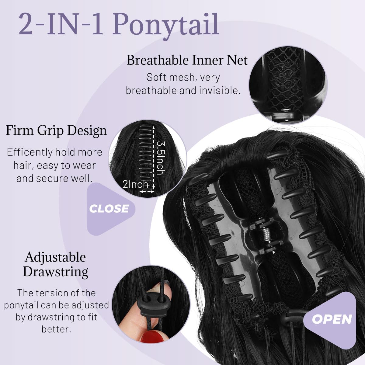JIAMEISI Claw Clip Ponytail Hair Extensions 18 Inch Ponytail Extension Long Curly Wavy Jaw Clip in Pony Tails Extension Synthetic Fluffy Hairpiece for Women Girls Daily Use Party (Natural Black) - Image 4