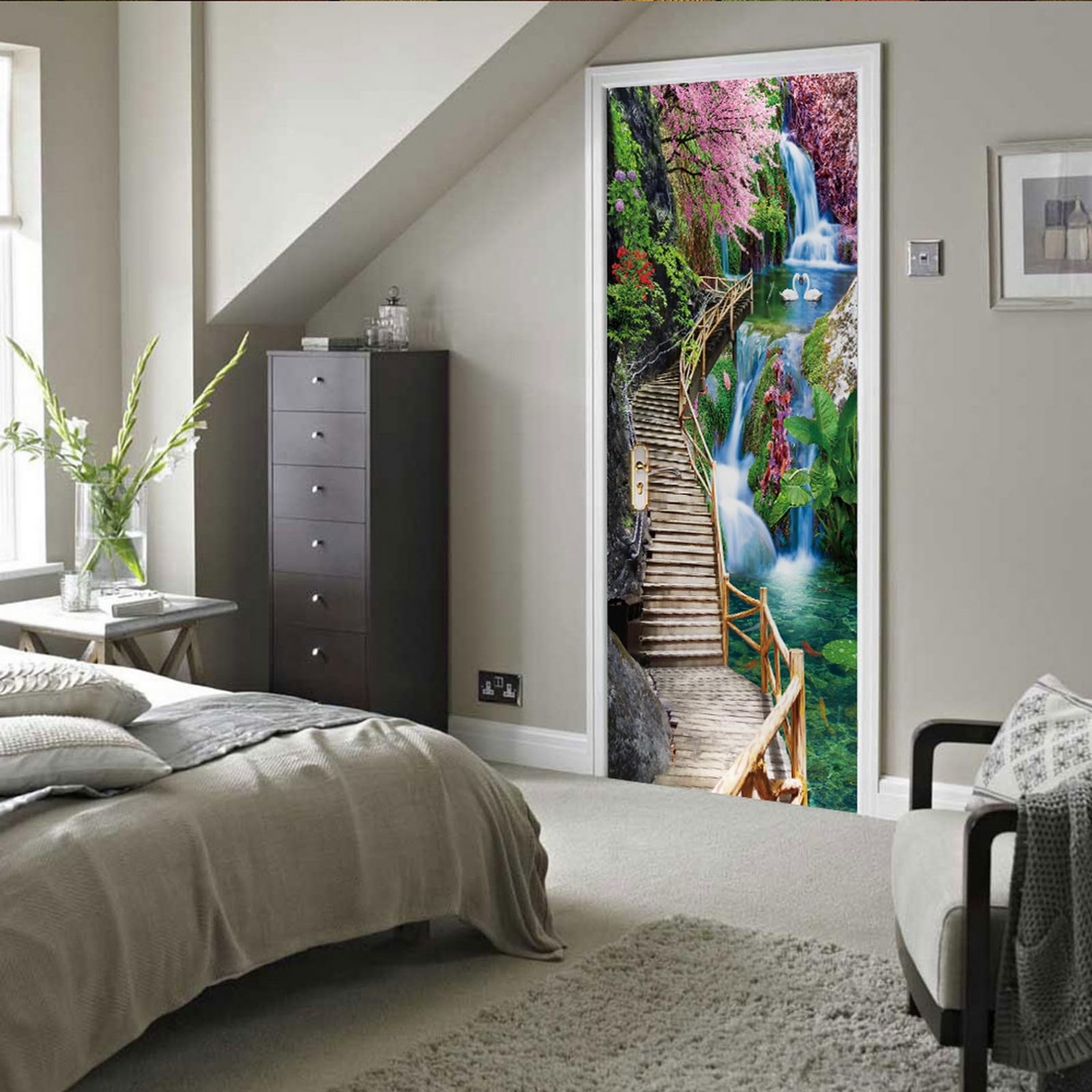 A.Monamour Adesivo Porta Autoadesiva 3D Passerella In Legno Fino Alla Cima Del Paesaggio Del Giardino A Cascata Vinile PVC Adesivi per Porte Interne Pellicola Adesiva Poster Murale Parete 90x200cm