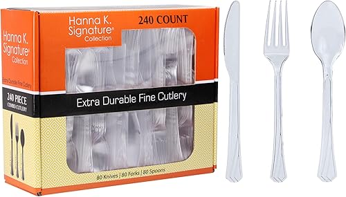 Hanna K. Signature Juego de cubiertos de plástico (240 unidades) de 240 cubiertos desechables transparentes y elegantes cubiertos