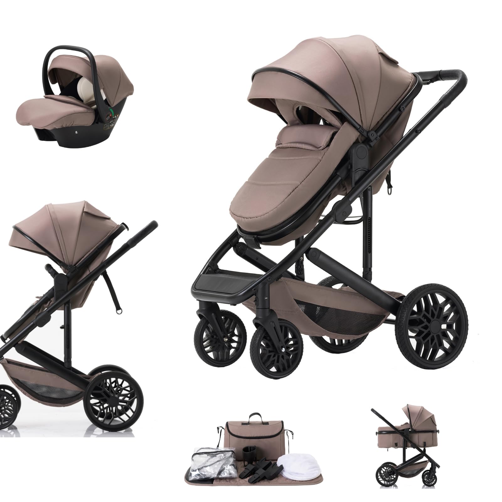 Zkiprm 3 in 1 Baby Pram, One-Touch Folding Travel System，Reversible Stroller