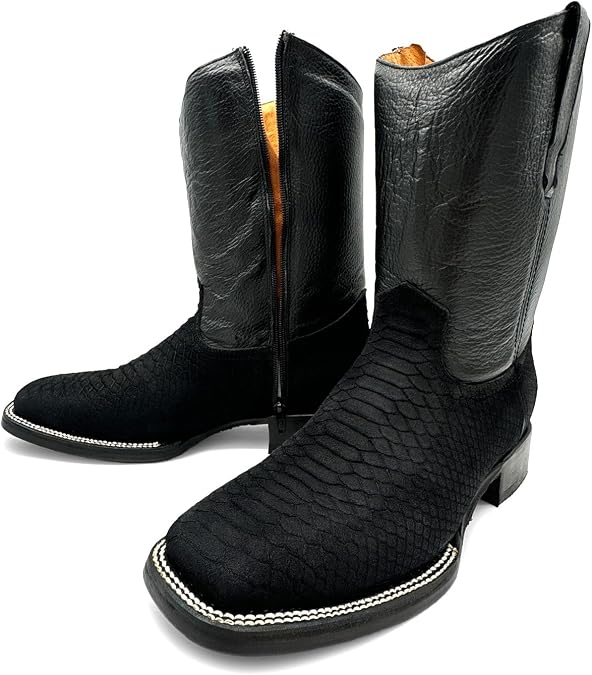 The Western Shops Mens Embossed Python Snake Print Leather Boot, Full Side Zipper Square Toe Rodeo Western Cowboy Boot