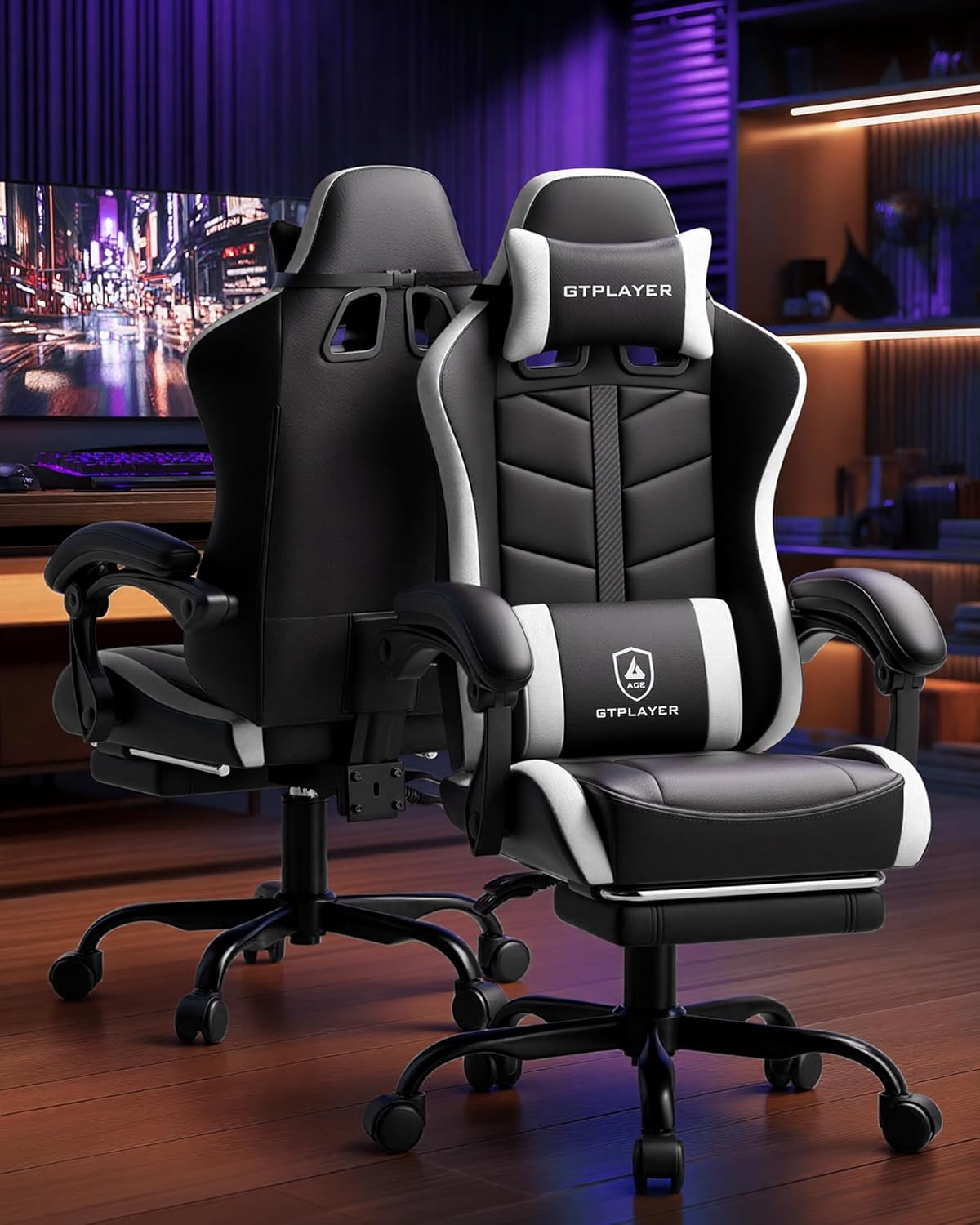 GTPLAYER Gaming Chair for Adults, Ergonomic Computer Gaming Chair with Footrest, Height Adjustable, 90-155° Recline & Removable Headrest Lumbar Support, Snow White