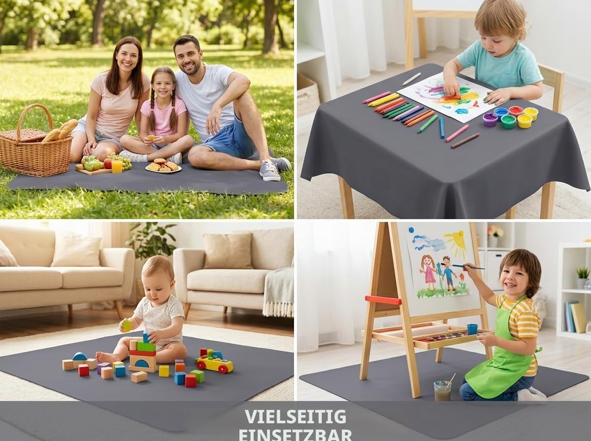 Spritzschutzmatte für Hochstuhl & Basteln, WOMUMON 51" waschbar, wasserdicht & rutschfest, Bodenschutz gegen Schmutz und Verschütten, für Haustiere, Grau