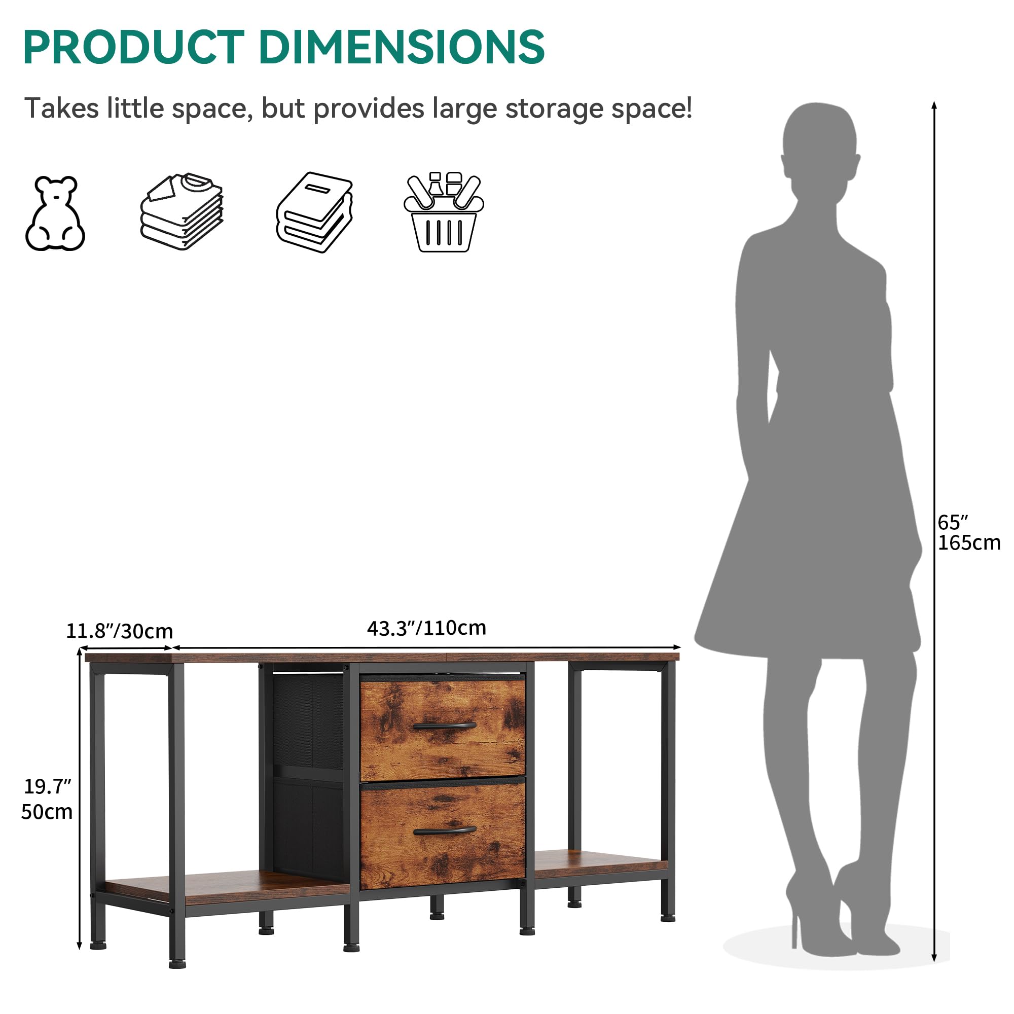 YITAHOME TV Schrank für bis zu 47 Zoll Fernseher, Fernsehtisch Mediaschrank mit 2 Stoffschubladen & 2 Ablagefächern, 110 x 30 x 50 cm Stahlgestell TV Lowboard für Wohnzimmer & Schlafzimmer