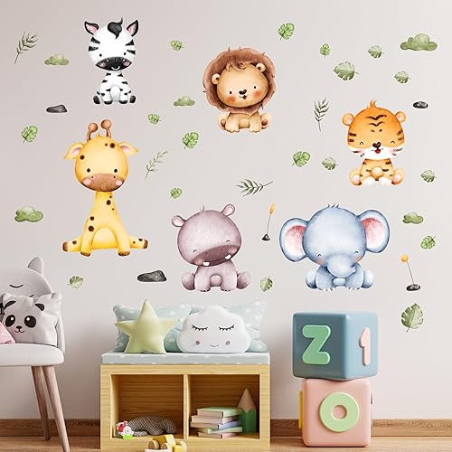 Calcomanías de pared de animales de selva, elefante, jirafa, león, safari, elefante, jirafa, león, decoración de pared (B)