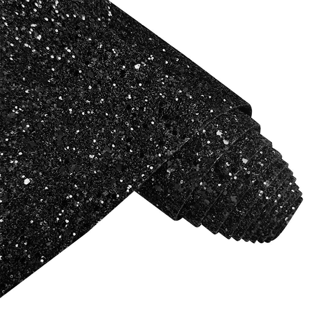 Solid Color Chunky Glitter Faux Leather Roll 12 x 53 Inch Sparkle Synthetic Sewing Fabric for Hair Bows Jewlery Making DIY Accessories (Black)