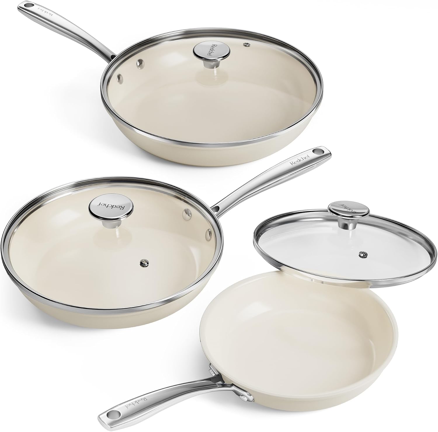 (-38%) Redchef Pfannenset Keramik Induktion 6-teiliges, Antihaft Bratpfannen 20 24 28 cm mit Deckel für alle Herdarten, Edelstahlgriff, PTFE-frei PFAS-frei PFOA-frei, Backofenfest, Spülmaschinenfest (beige)