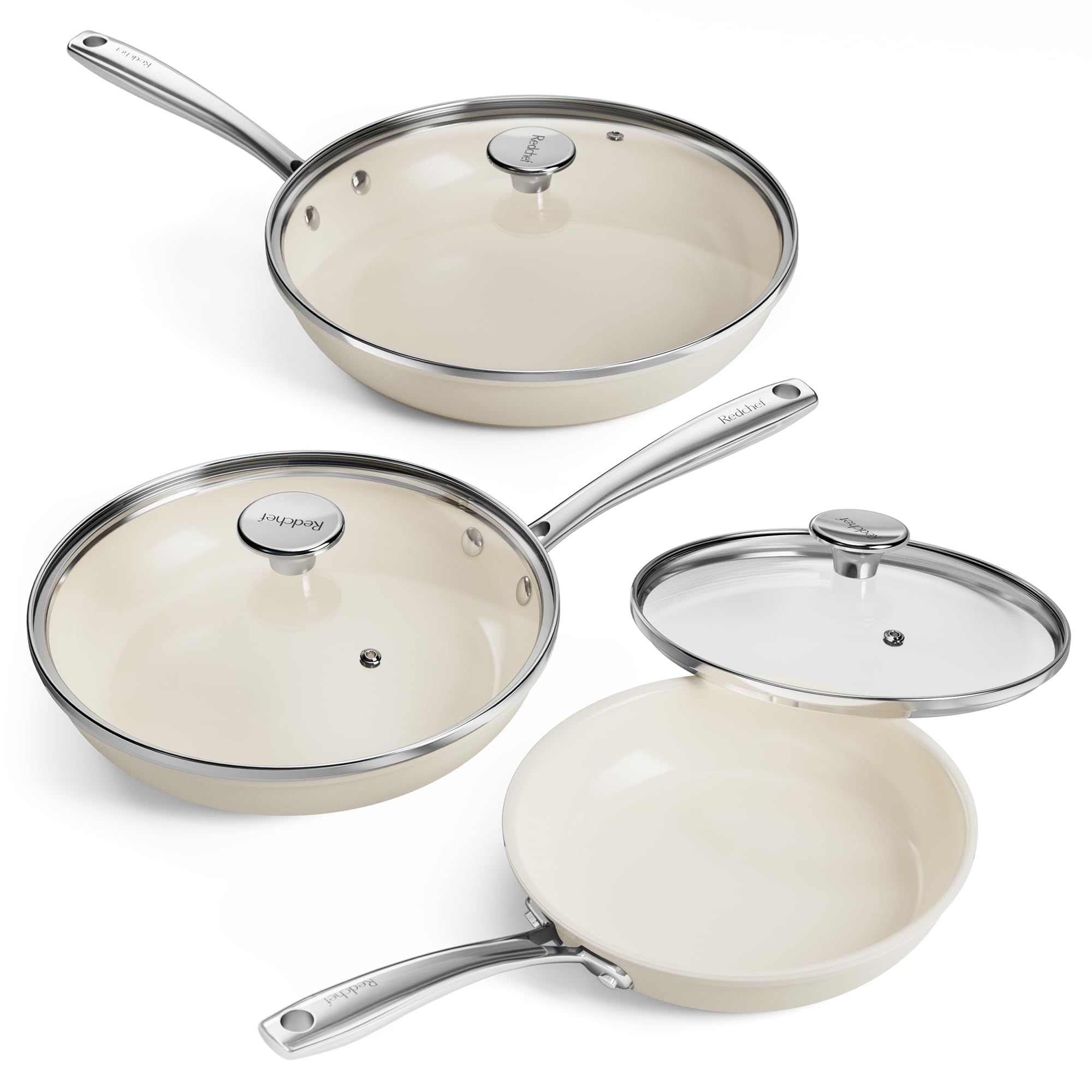 Redchef Pfannenset Keramik Induktion 6-teiliges, Antihaft Bratpfannen 20 24 28 cm mit Deckel für alle Herdarten, Edelstahlgriff, PTFE-frei PFAS-frei PFOA-frei, Backofenfest, Spülmaschinenfest (beige)