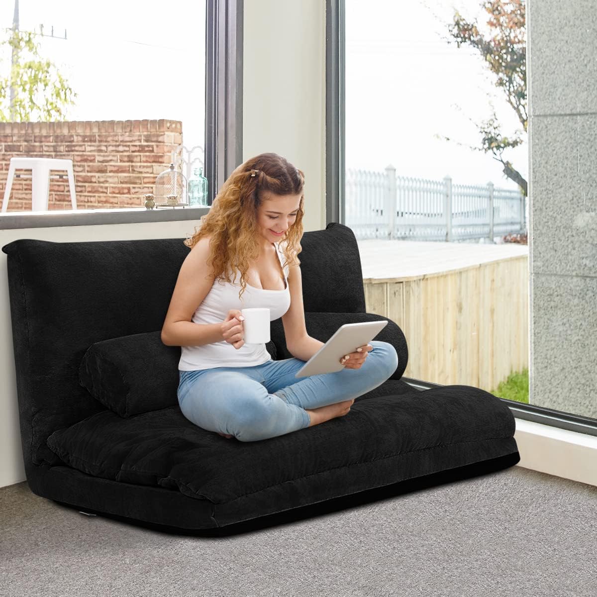 Giantex Adjustable Floor Sofa Couch with 2 Pillows, Multi-Functional 6-Position Foldable Lazy Sofa Sleeper Bed, Multi-Functional Suede Floor Seating Sofa for Reading Gaming (Black)