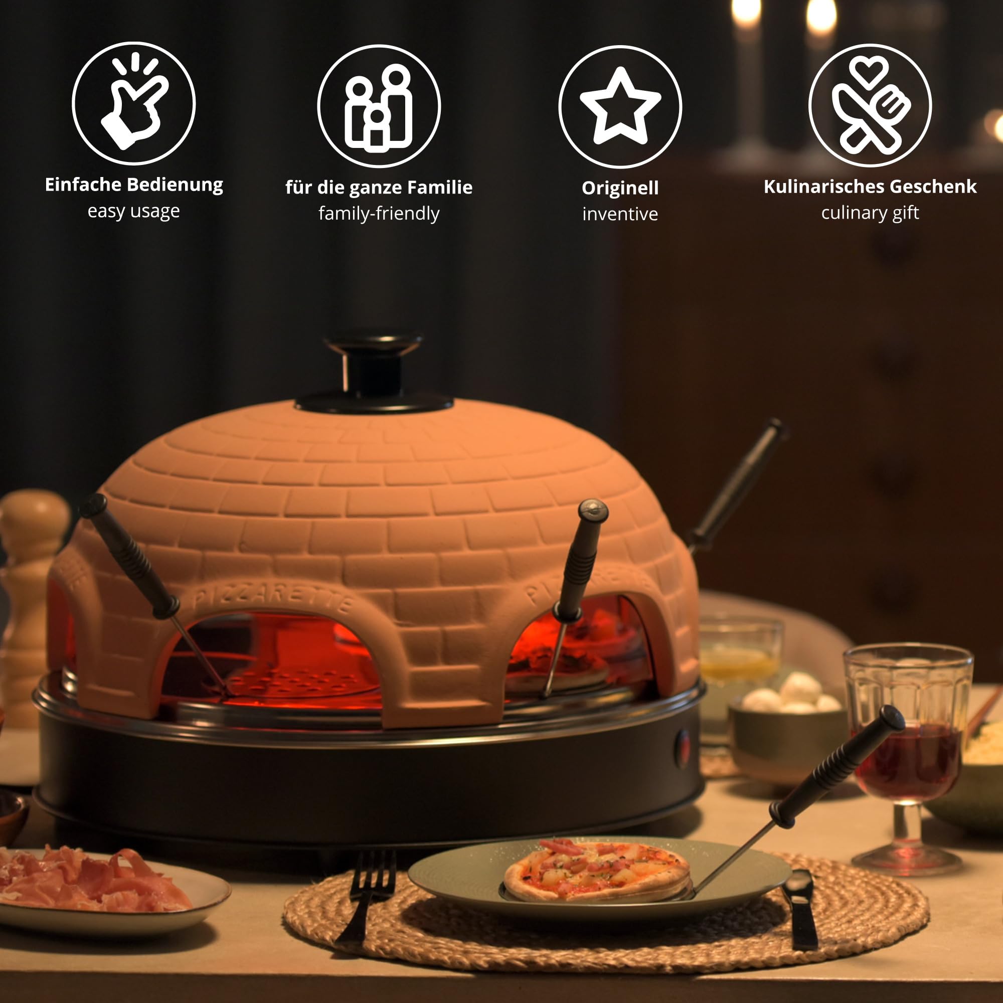 Monsterzeug Elektryczny mini piec do pizzy, piec do raclette, przenośny piec kamienny do domu, z patelniami do pizzy z uchwytami izolowanymi termicznie