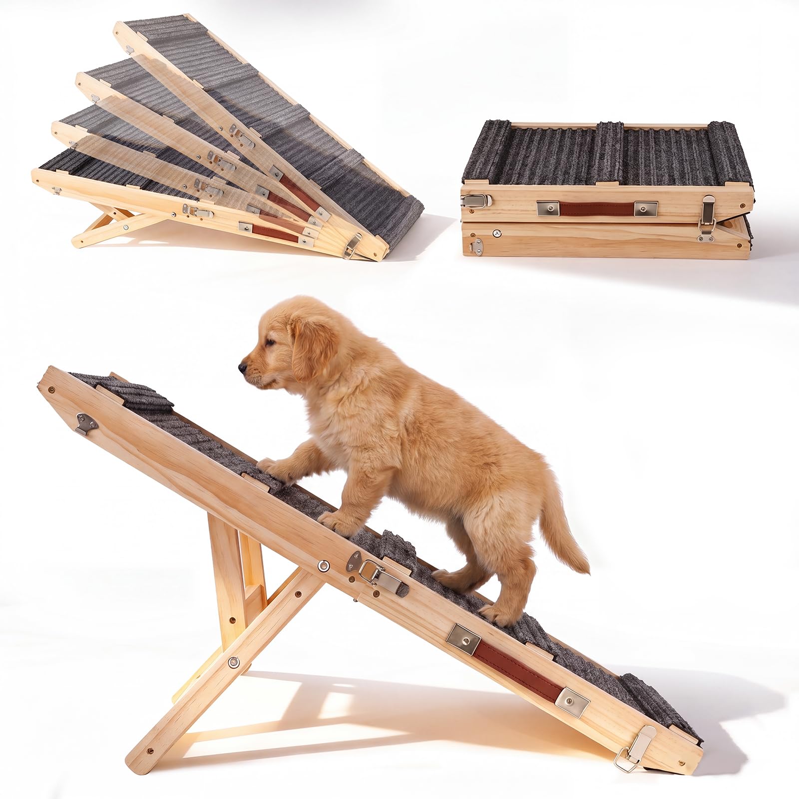 Rampe Chien en Bois, 84cm Rampe Pliable pour Chien avec 4 Hauteurs Réglable | Escalier portable lits avec revêtement antidérapant Rampe animaux pour chiens petite à moyenne taille jusqu'à 50kg