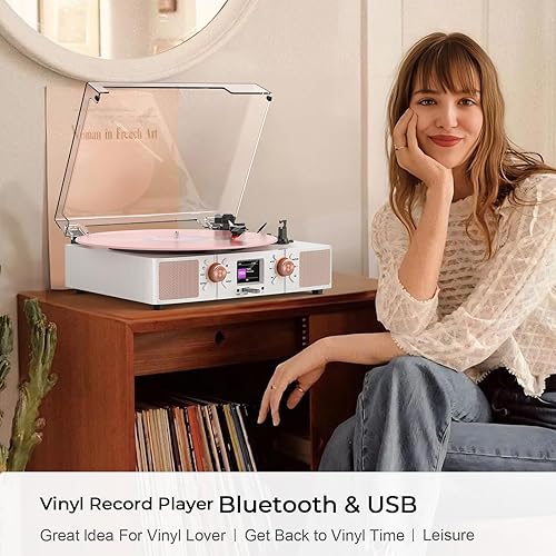 Miniatura 3 de Reproductor de discos de vinilo con altavoces integrados, tocadiscos Bluetooth de 3 velocidades con grabación USBTF, reloj digital LCD, luz LED,