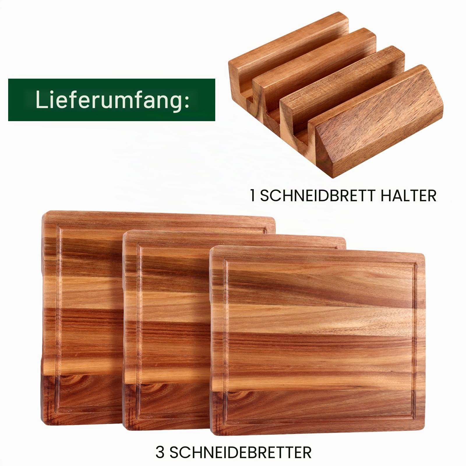 Extra großes Schneidebrett aus Akazienholz, 3er-Set, Schneidebrett aus Holz, mit Halter, Obstschneidebretter, Charcuteriebretter für Küche, Brot, Käse, Servierbrett, Fleisch, Schneidebrett