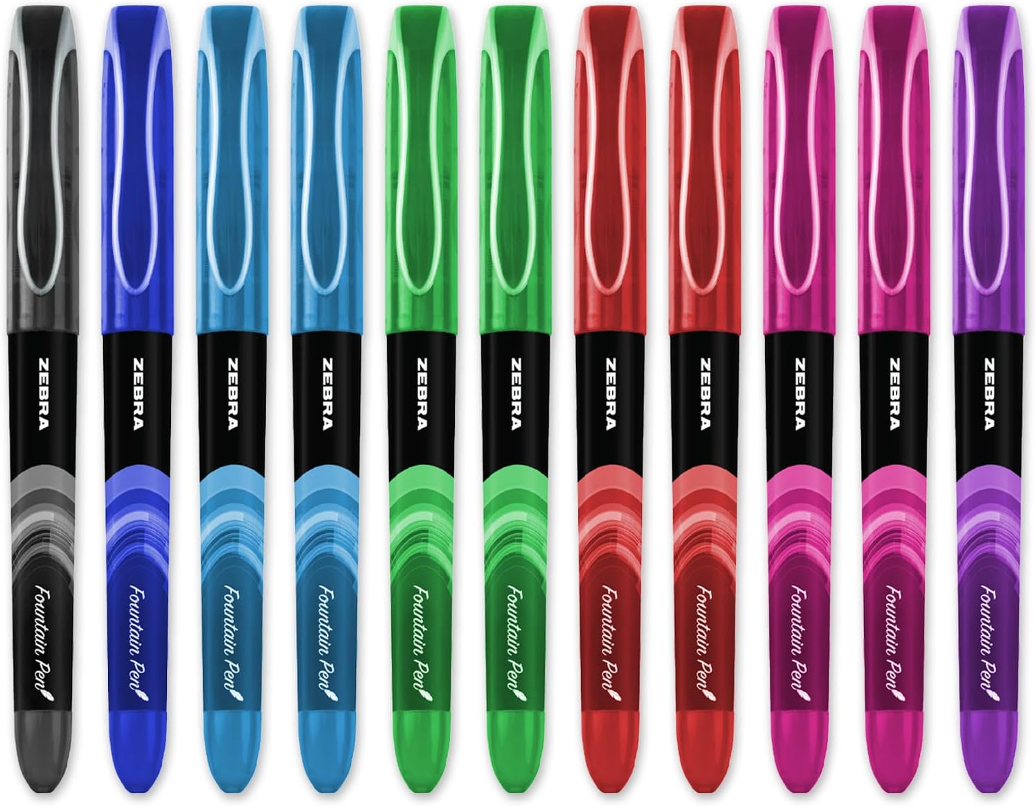 Zebra Fuente - Set Di 10 Penne Stilografiche Usa E Getta Con Astuccio Rigato - Pennino 0,6 Mm, Inchiostro Colorato (2 Nere, 2 Blu, 2 Viola, Verde, Azzurro, Rosa, Rossa) - Per Scuola, Ufficio, Università